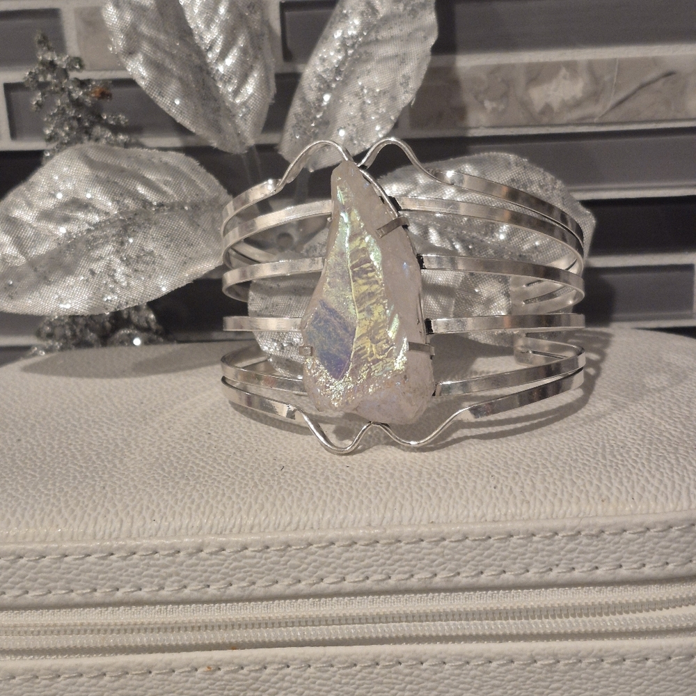 Iridescent Solar Agate Stone Women's Cuff Fits Up To 8"